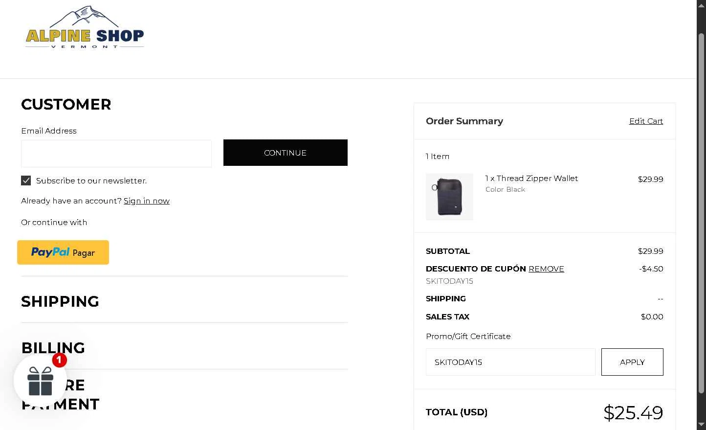 Alpine Shop Vermont checkout page showing Alpine Shop Vermont promo code box | Screenshot taken by SimplyCodes community member on Nov 28, 2025