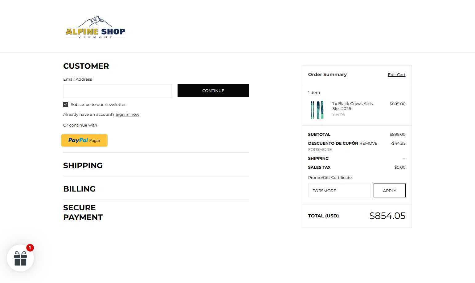 Alpine Shop Vermont checkout page showing Alpine Shop Vermont promo code box | Screenshot taken by SimplyCodes community member on Nov 29, 2025