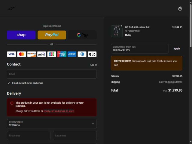 ALPINESTARS checkout page showing ALPINESTARS discount code box | Screenshot taken by SimplyCodes community member on Sep 5, 2025