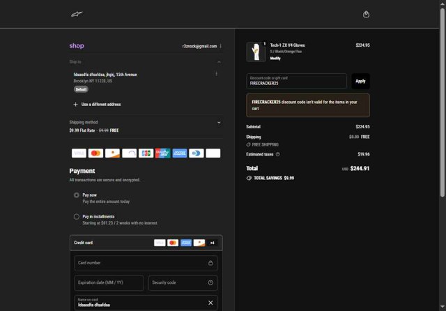 ALPINESTARS checkout page showing ALPINESTARS discount code box | Screenshot taken by SimplyCodes community member on Sep 1, 2025
