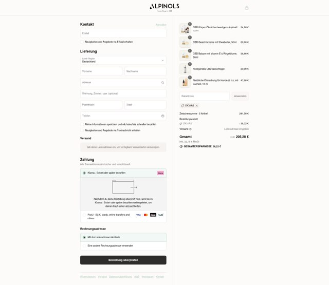 Alpinols checkout page showing Alpinols promo code box | Screenshot taken by SimplyCodes community member on Aug 14, 2025