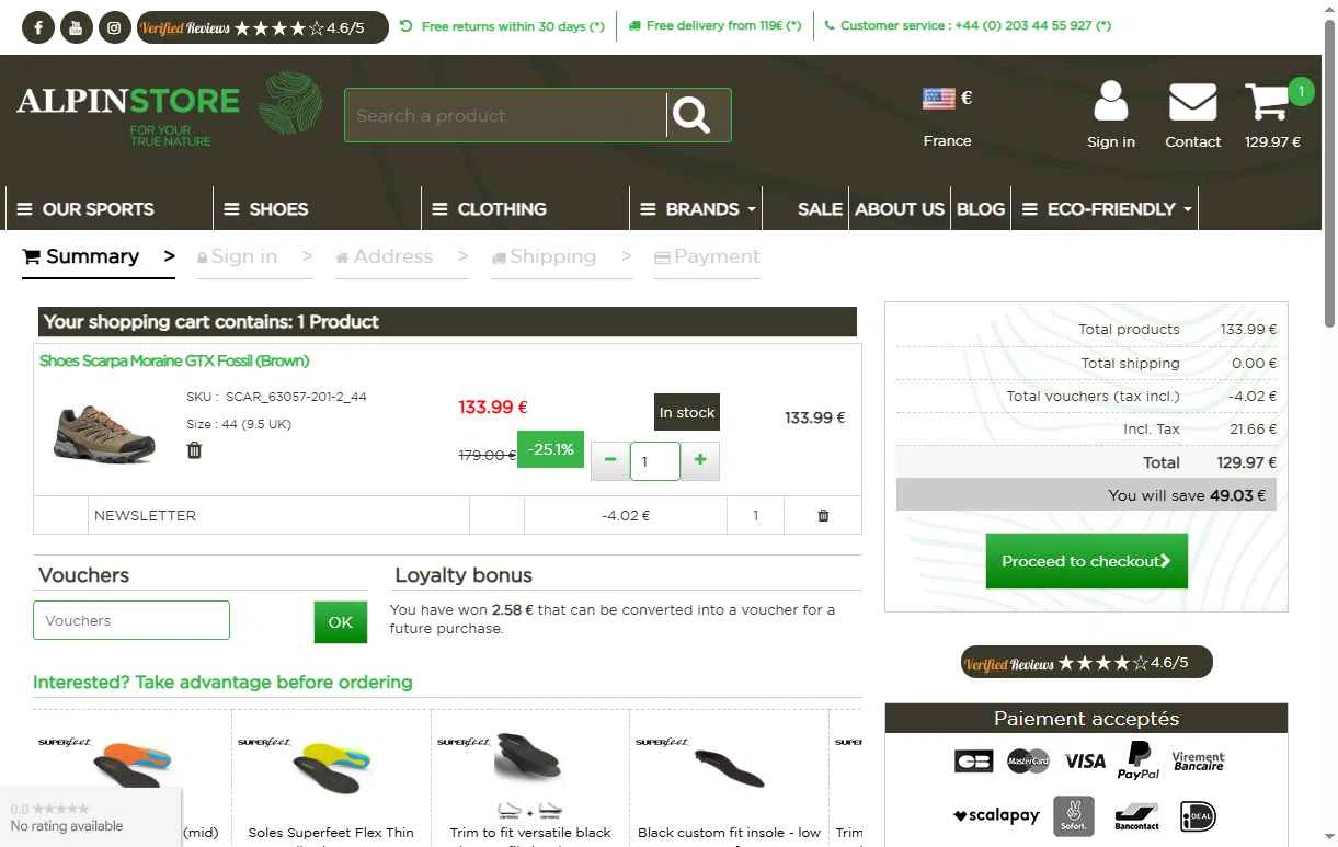 Alpin Store checkout page showing Alpin Store promo code box | Screenshot taken by SimplyCodes community member on Jun 9, 2025