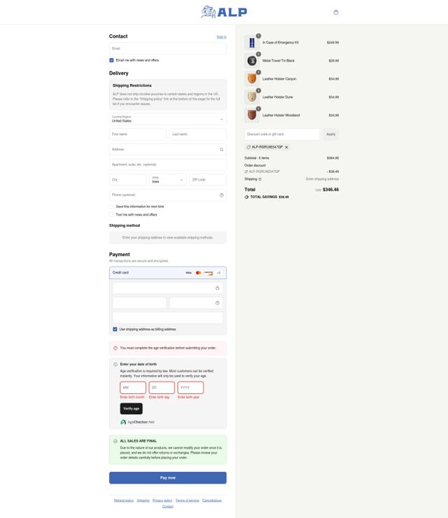 ALP Nicotine Pouches checkout page showing ALP Nicotine Pouches discount code box | Screenshot taken by SimplyCodes community member on Sep 12, 2025