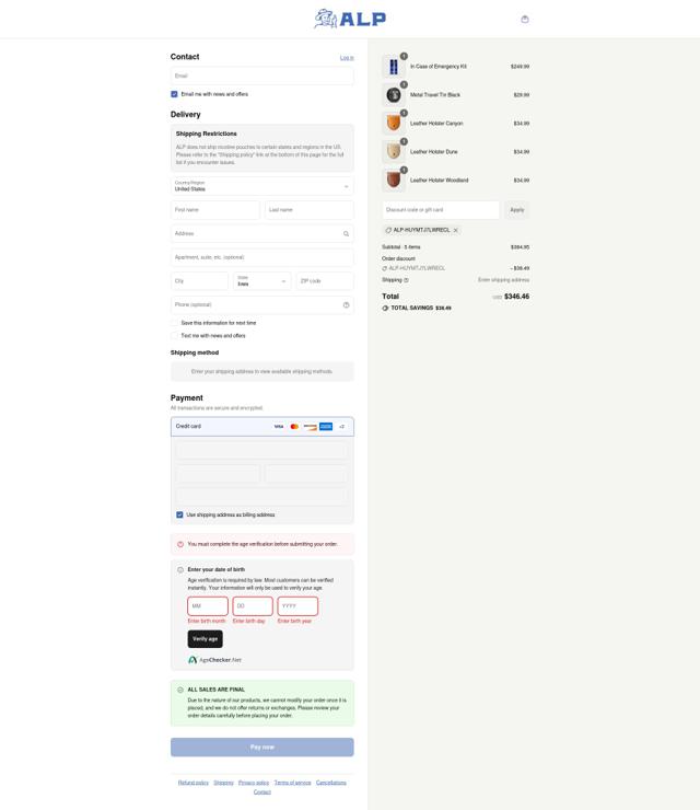 ALP Nicotine Pouches checkout page showing ALP Nicotine Pouches discount code box | Screenshot taken by SimplyCodes community member on Sep 8, 2025