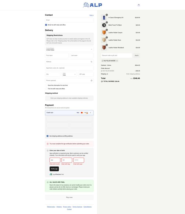 ALP Nicotine Pouches checkout page showing ALP Nicotine Pouches discount code box | Screenshot taken by SimplyCodes community member on Sep 12, 2025