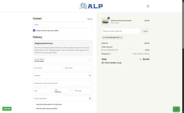 ALP Nicotine Pouches checkout page showing ALP Nicotine Pouches discount code box | Screenshot taken by SimplyCodes community member on Sep 13, 2025