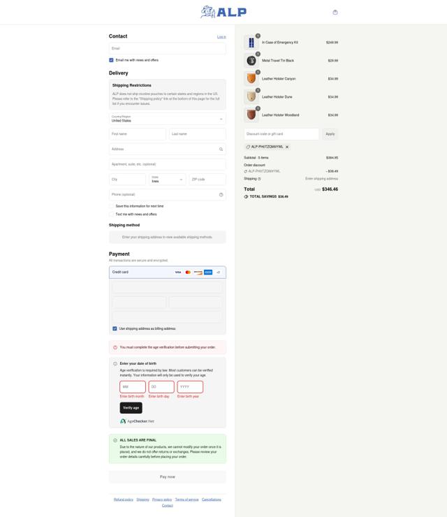 ALP Nicotine Pouches checkout page showing ALP Nicotine Pouches discount code box | Screenshot taken by SimplyCodes community member on Sep 8, 2025