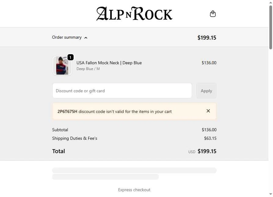 Alp-n-Rock checkout page showing Alp-n-Rock discount code box | Screenshot taken by SimplyCodes community member on Feb 11, 2026