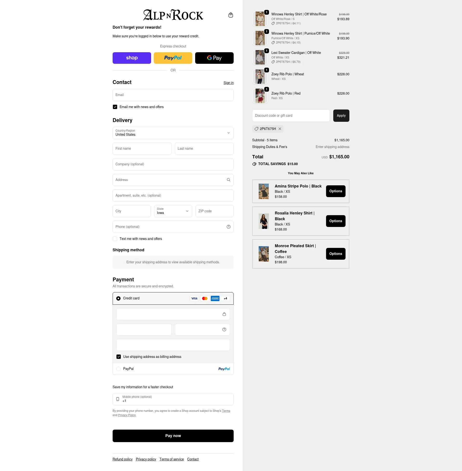 Alp-n-Rock checkout page showing Alp-n-Rock discount code box | Screenshot taken by SimplyCodes community member on Feb 16, 2026
