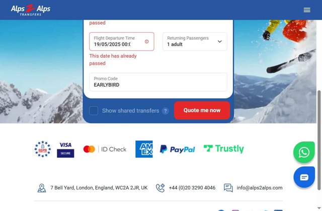 Alps2Alps checkout page showing Alps2Alps discount code box | Screenshot taken by SimplyCodes community member on May 19, 2025