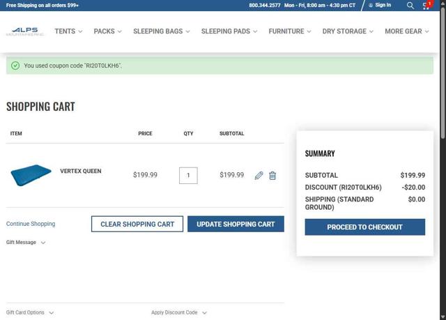 ALPS Mountaineering checkout page showing ALPS Mountaineering promo code box | Screenshot taken by SimplyCodes community member on Sep 2, 2025