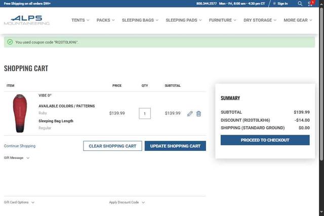 ALPS Mountaineering checkout page showing ALPS Mountaineering promo code box | Screenshot taken by SimplyCodes community member on Sep 8, 2025