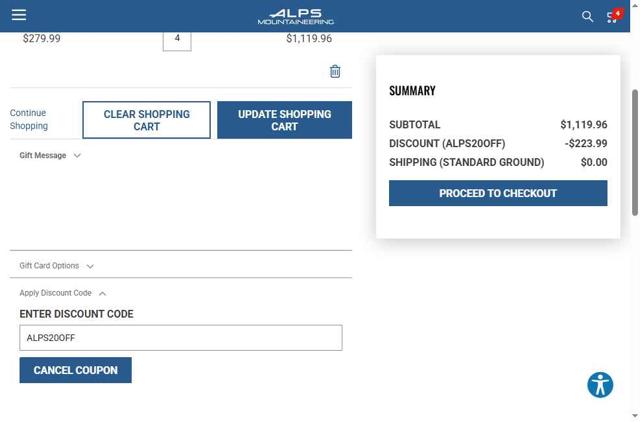 ALPS Mountaineering checkout page showing ALPS Mountaineering promo code box | Screenshot taken by SimplyCodes community member on Aug 11, 2025