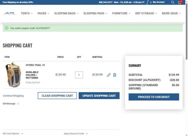 ALPS Mountaineering checkout page showing ALPS Mountaineering promo code box | Screenshot taken by SimplyCodes community member on Aug 25, 2025