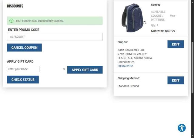 ALPS Mountaineering checkout page showing ALPS Mountaineering promo code box | Screenshot taken by SimplyCodes community member on Sep 4, 2025