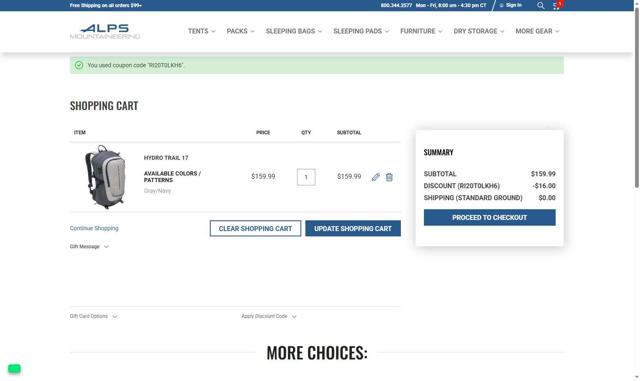 ALPS Mountaineering checkout page showing ALPS Mountaineering promo code box | Screenshot taken by SimplyCodes community member on Sep 4, 2025