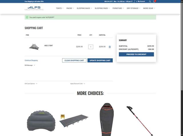 ALPS Mountaineering checkout page showing ALPS Mountaineering promo code box | Screenshot taken by SimplyCodes community member on Sep 4, 2025