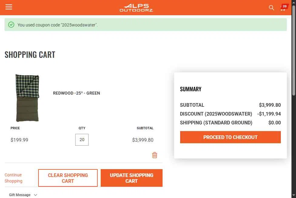 ALPS OutdoorZ checkout page showing ALPS OutdoorZ discount code box | Screenshot taken by SimplyCodes community member on Sep 5, 2025