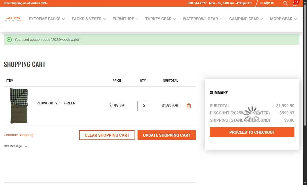 ALPS OutdoorZ checkout page showing ALPS OutdoorZ discount code box | Screenshot taken by SimplyCodes community member on Dec 31, 2025