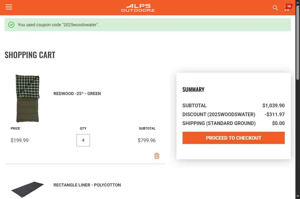 ALPS OutdoorZ checkout page showing ALPS OutdoorZ discount code box | Screenshot taken by SimplyCodes community member on Oct 4, 2025
