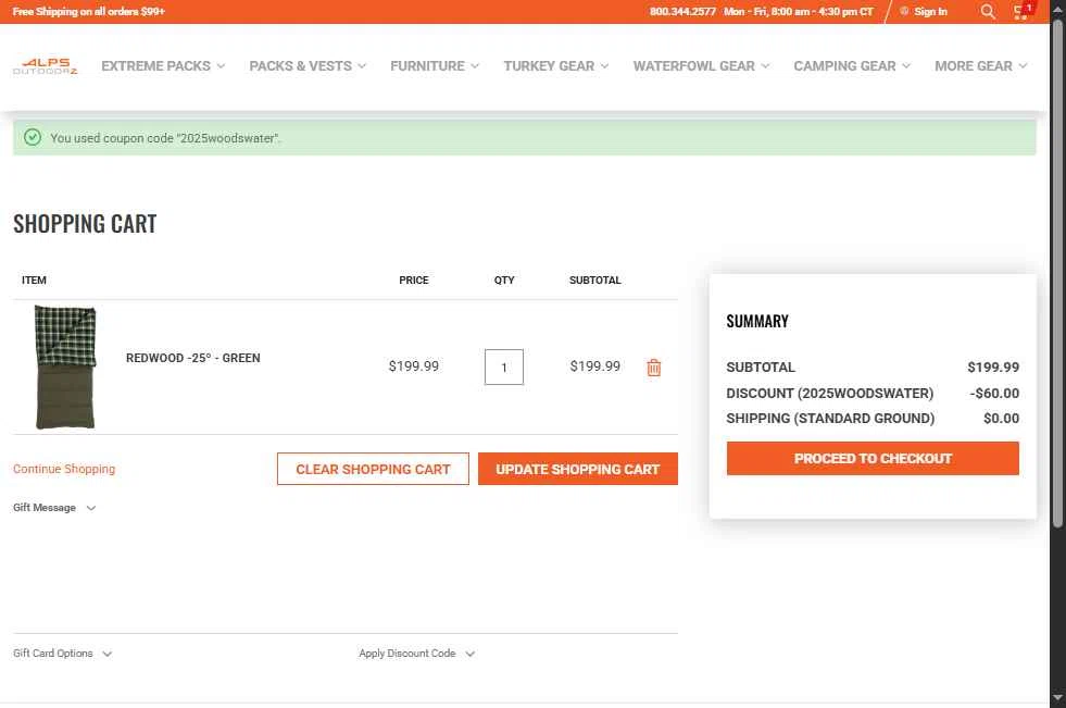 ALPS OutdoorZ checkout page showing ALPS OutdoorZ discount code box | Screenshot taken by SimplyCodes community member on Nov 2, 2025
