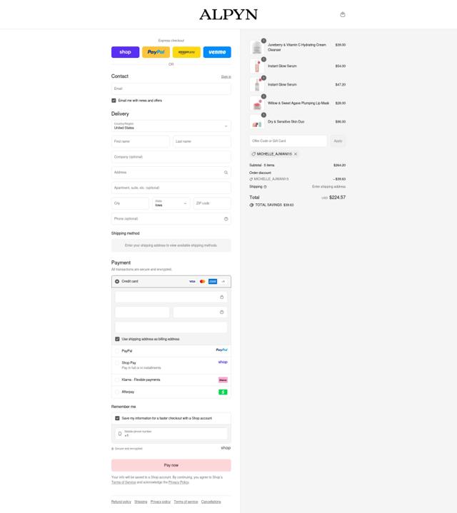 Alpyn Beauty checkout page showing Alpyn Beauty coupon code box | Screenshot taken by SimplyCodes community member on Sep 16, 2025