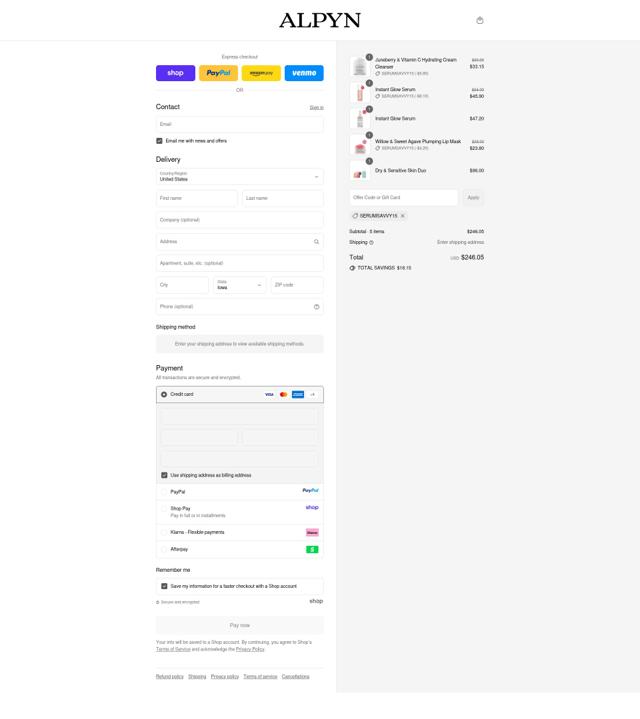 Alpyn Beauty checkout page showing Alpyn Beauty coupon code box | Screenshot taken by SimplyCodes community member on Sep 16, 2025