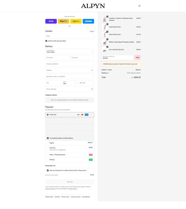 Alpyn Beauty checkout page showing Alpyn Beauty coupon code box | Screenshot taken by SimplyCodes community member on Sep 16, 2025
