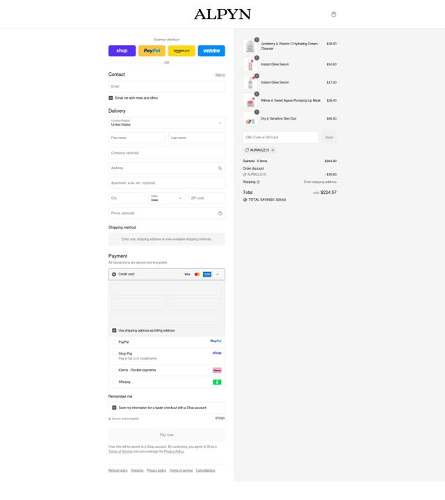 Alpyn Beauty checkout page showing Alpyn Beauty coupon code box | Screenshot taken by SimplyCodes community member on Sep 16, 2025
