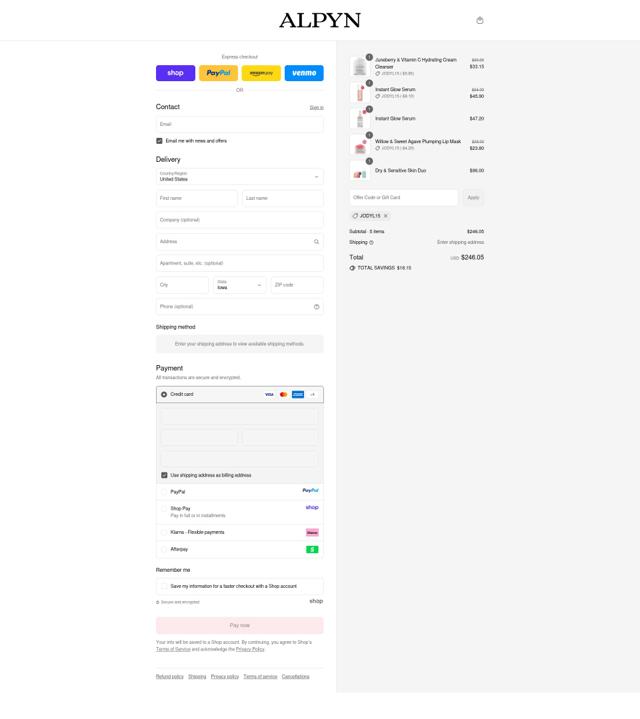 Alpyn Beauty checkout page showing Alpyn Beauty coupon code box | Screenshot taken by SimplyCodes community member on Sep 16, 2025
