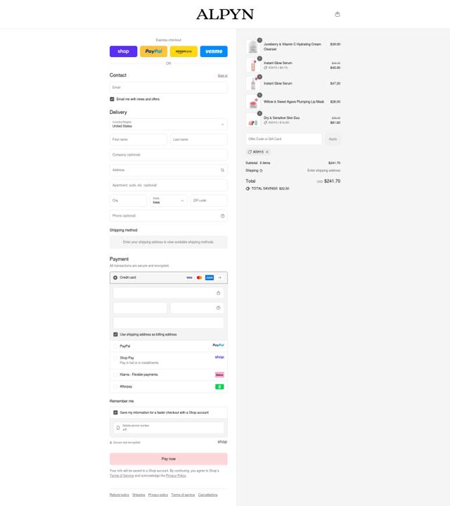 Alpyn Beauty checkout page showing Alpyn Beauty coupon code box | Screenshot taken by SimplyCodes community member on Sep 16, 2025