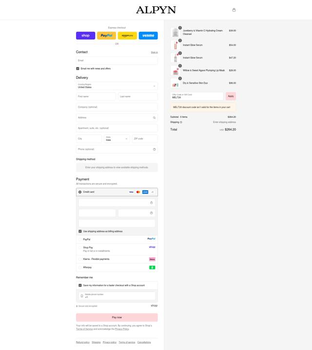 Alpyn Beauty checkout page showing Alpyn Beauty coupon code box | Screenshot taken by SimplyCodes community member on Sep 16, 2025