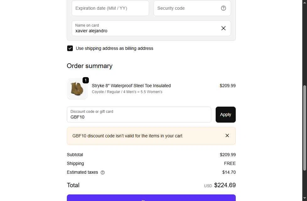 Altama checkout page showing Altama discount code box | Screenshot taken by SimplyCodes community member on Dec 10, 2025