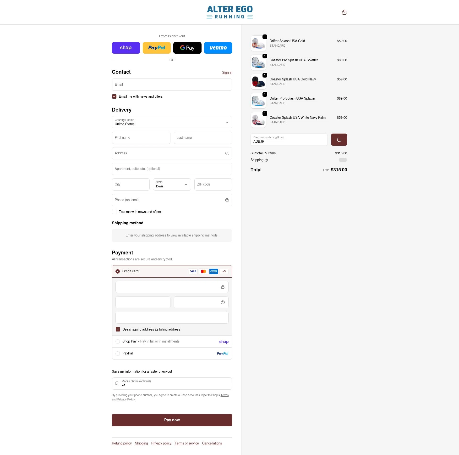 Alter Ego Running checkout page showing Alter Ego Running discount code box | Screenshot taken by SimplyCodes community member on Feb 8, 2026