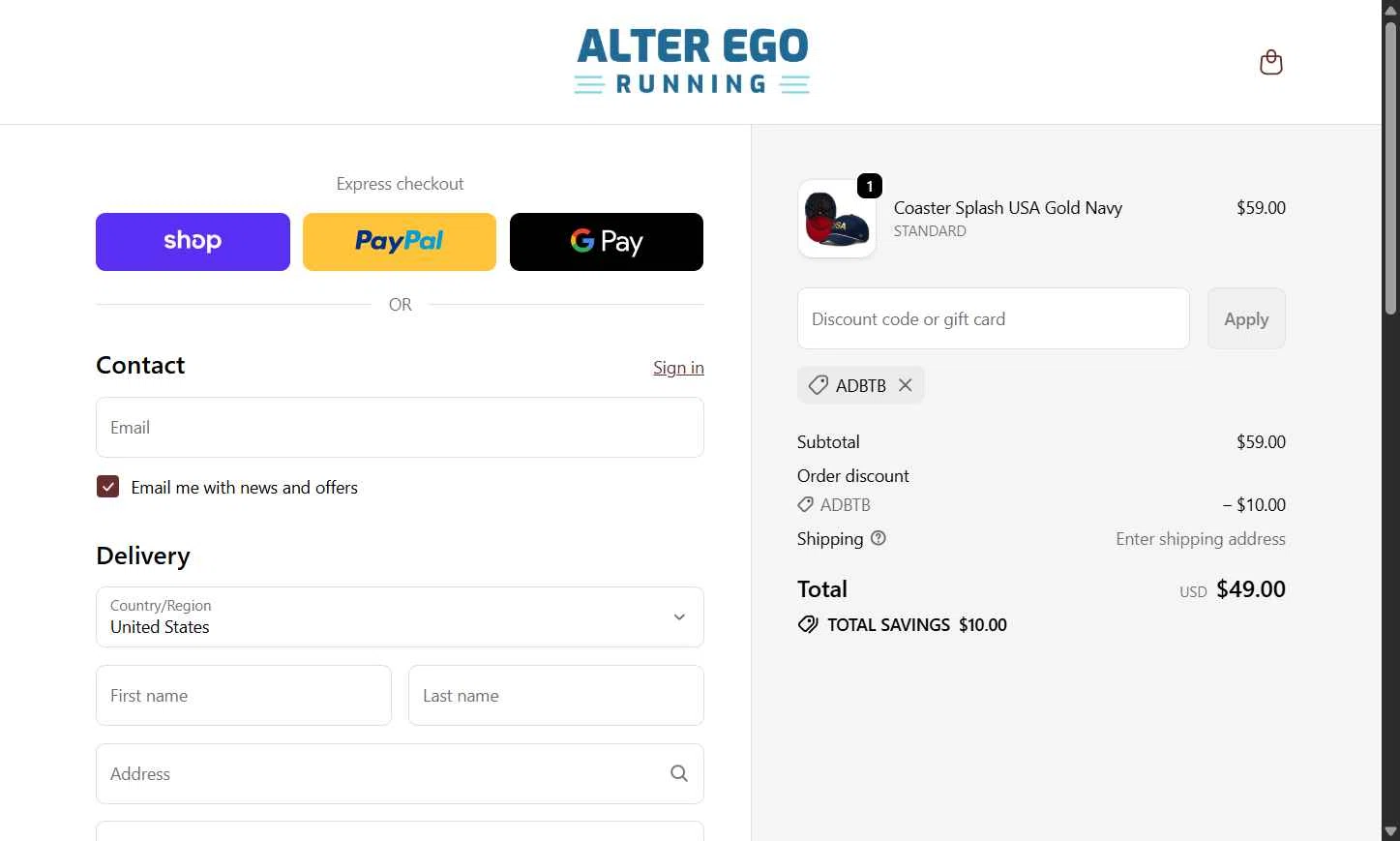 Alter Ego Running checkout page showing Alter Ego Running discount code box | Screenshot taken by SimplyCodes community member on Feb 8, 2026