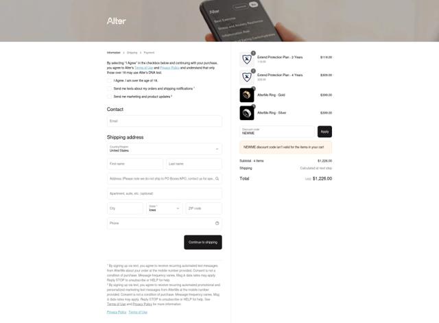 Alter Me checkout page showing Alter Me promo code box | Screenshot taken by SimplyCodes community member on Sep 10, 2025