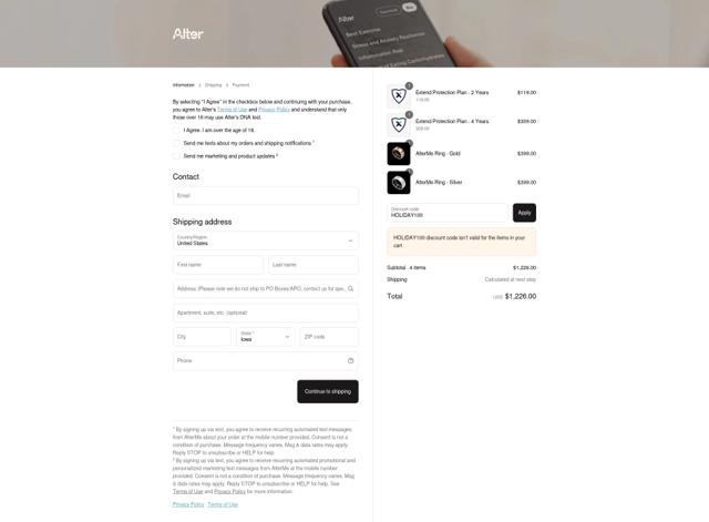 Alter Me checkout page showing Alter Me promo code box | Screenshot taken by SimplyCodes community member on Sep 10, 2025