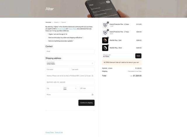 Alter Me checkout page showing Alter Me promo code box | Screenshot taken by SimplyCodes community member on Sep 10, 2025