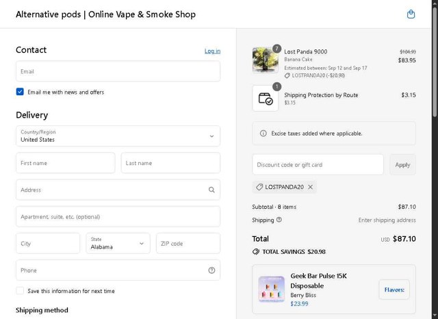 Alternative Pods checkout page showing Alternative Pods discount code box | Screenshot taken by SimplyCodes community member on Sep 3, 2025