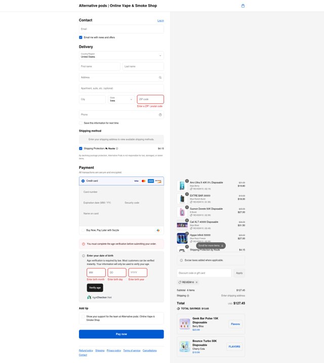 Alternative Pods checkout page showing Alternative Pods discount code box | Screenshot taken by SimplyCodes community member on Sep 4, 2025