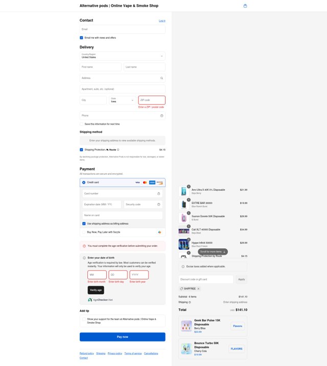 Alternative Pods checkout page showing Alternative Pods discount code box | Screenshot taken by SimplyCodes community member on Sep 4, 2025