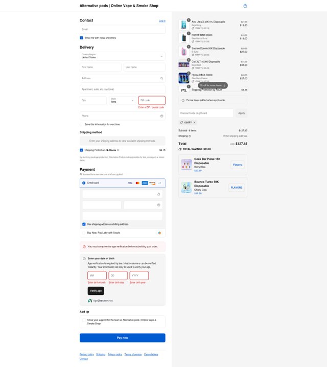 Alternative Pods checkout page showing Alternative Pods discount code box | Screenshot taken by SimplyCodes community member on Aug 31, 2025