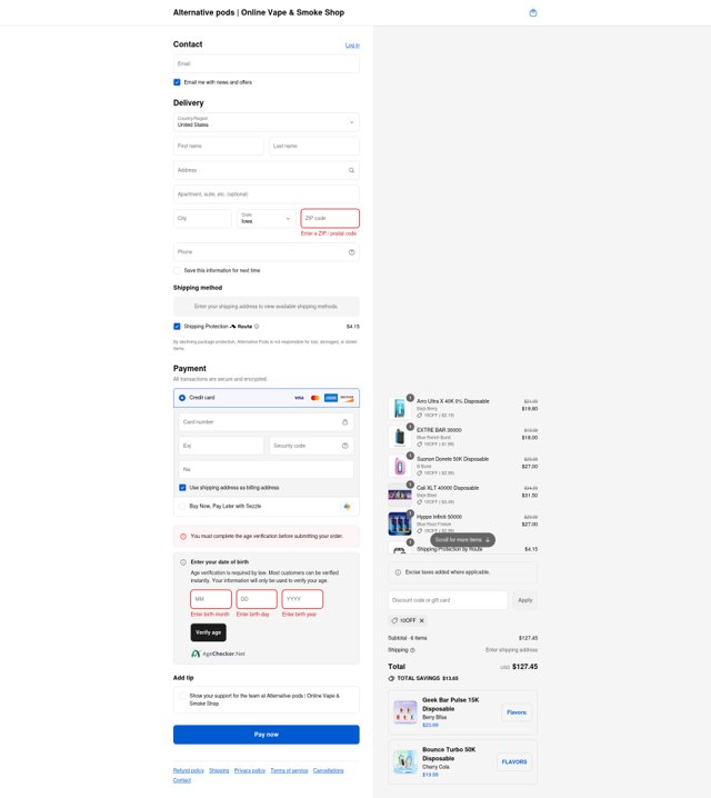 Alternative Pods checkout page showing Alternative Pods discount code box | Screenshot taken by SimplyCodes community member on Sep 4, 2025