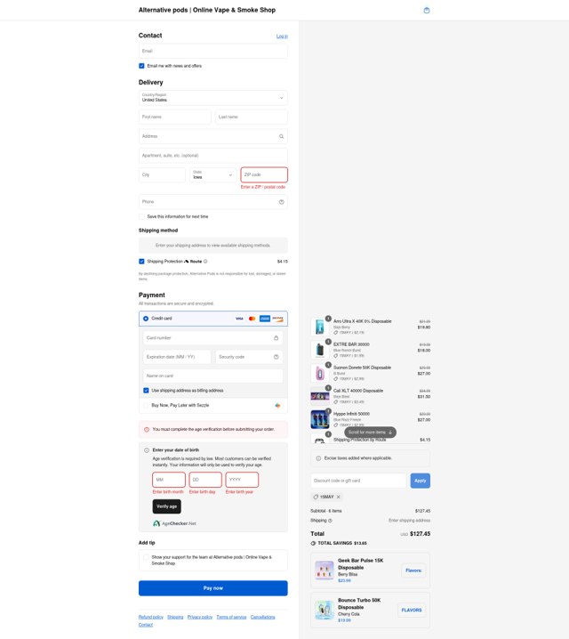 Alternative Pods checkout page showing Alternative Pods discount code box | Screenshot taken by SimplyCodes community member on Sep 4, 2025