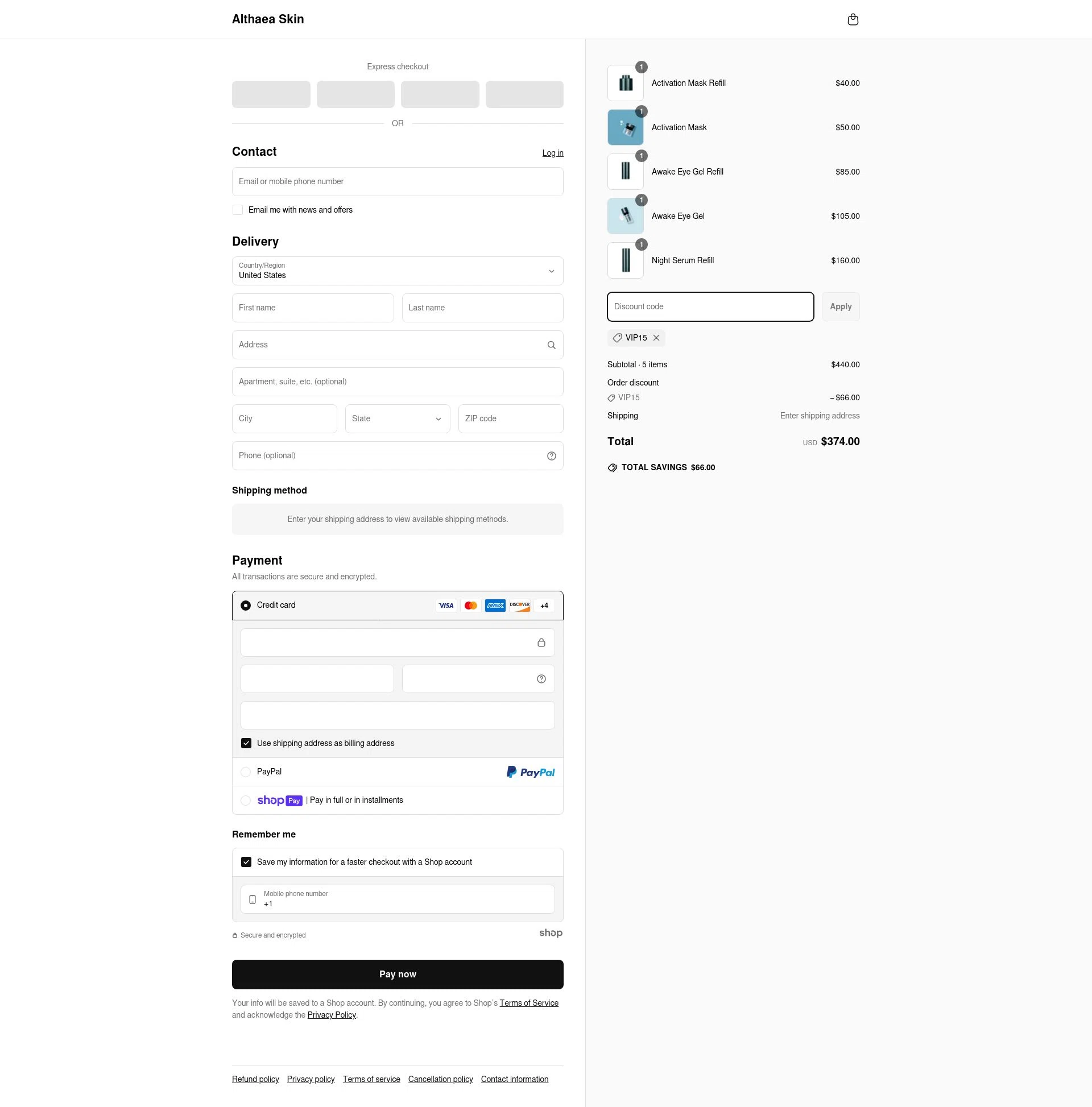 Althaea Skin checkout page showing Althaea Skin promo code box | Screenshot taken by SimplyCodes community member on Apr 17, 2025