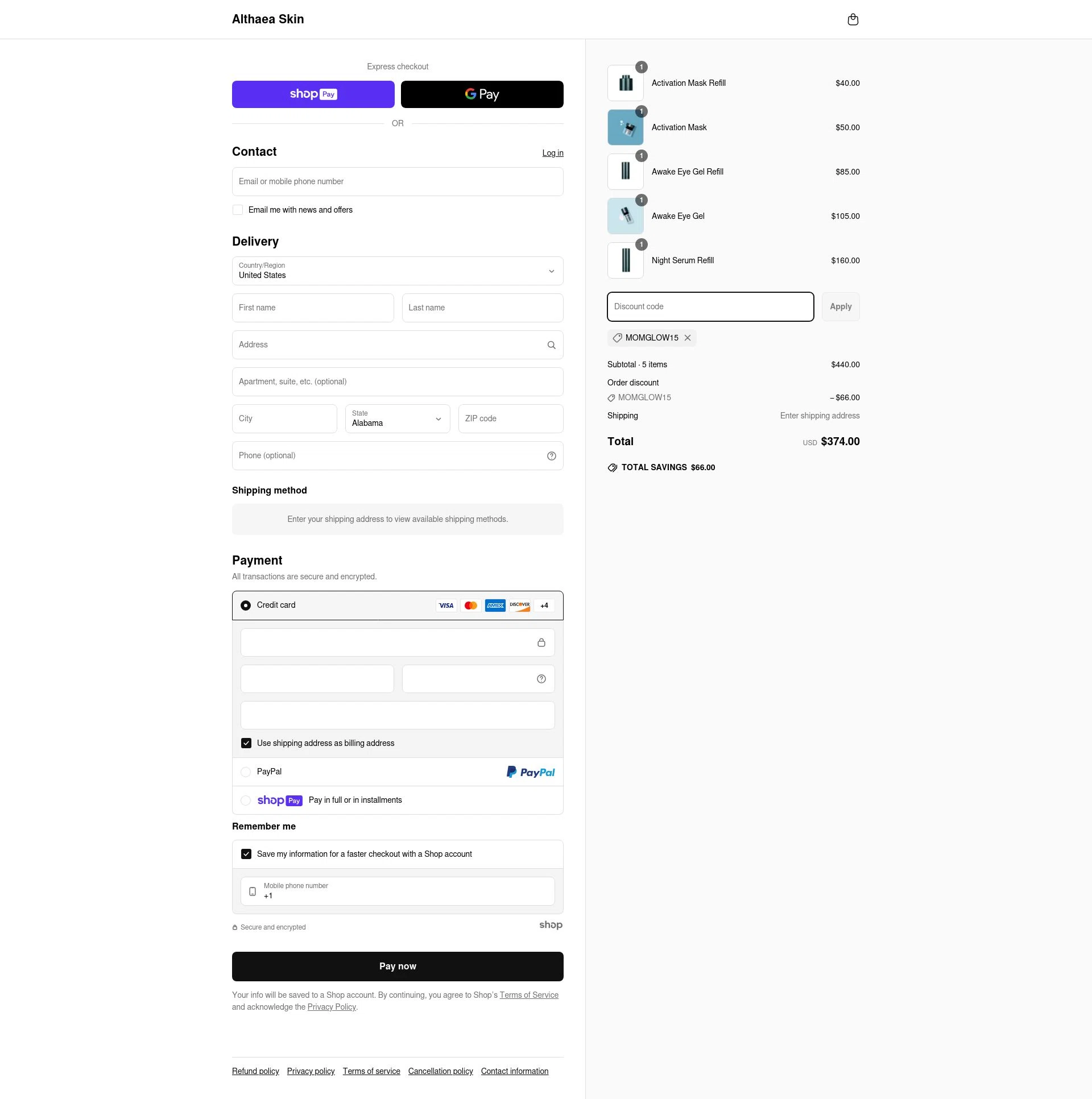 Althaea Skin checkout page showing Althaea Skin promo code box | Screenshot taken by SimplyCodes community member on May 10, 2025