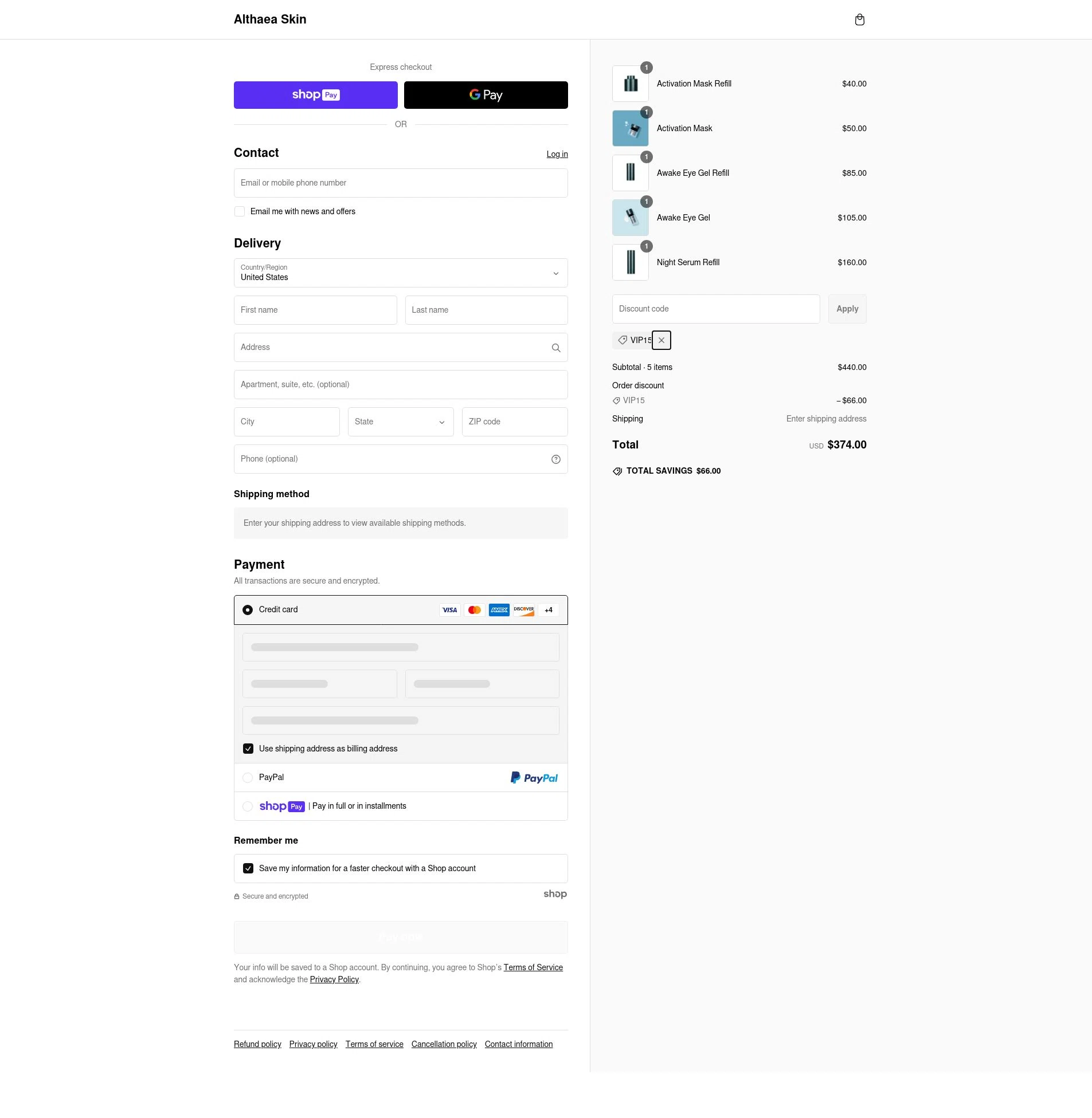 Althaea Skin checkout page showing Althaea Skin promo code box | Screenshot taken by SimplyCodes community member on Feb 12, 2025