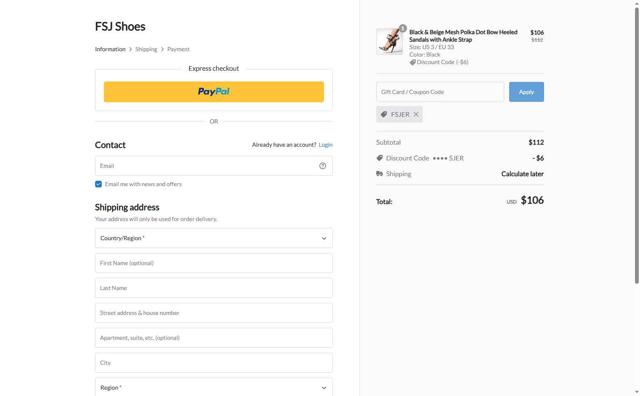 FSJ Shoes checkout page showing FSJ Shoes promo code box | Screenshot taken by SimplyCodes community member on Aug 27, 2025