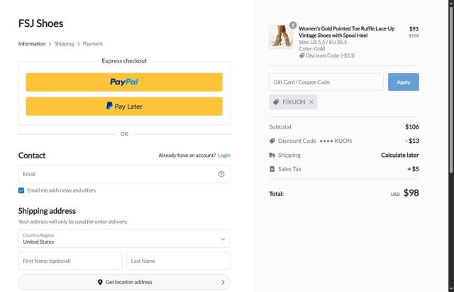 FSJ Shoes checkout page showing FSJ Shoes promo code box | Screenshot taken by SimplyCodes community member on Aug 7, 2025