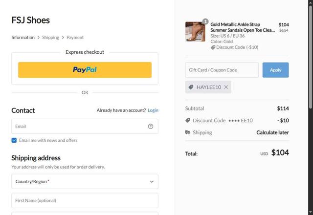 FSJ Shoes checkout page showing FSJ Shoes promo code box | Screenshot taken by SimplyCodes community member on Aug 27, 2025